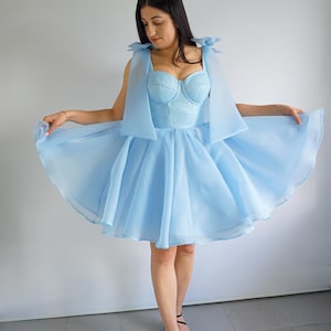 Op de afbeelding: Een lichtblauwe tule jurk met een getailleerd bovenstuk en een volle rok. De jurk heeft een sweetheart-halslijn en is versierd met strikken op de bandjes.