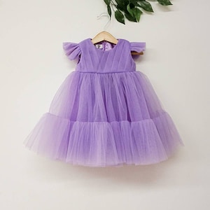 Baby tulle dress, lilac girl dress, flower girl purple dress, violet short butterfly sleeve outfit, first birthday party, toddler dress