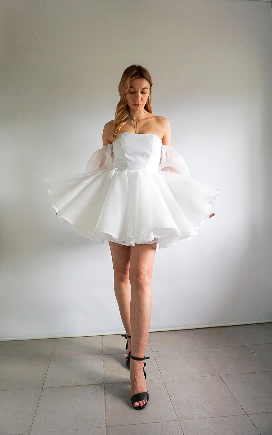 White Bridal Corset Dress, Short Wedding Dress, Strapless Mini Dress, Engagement Dress, Prom Dress, Rehearsal Dinner Party Dress, Organza