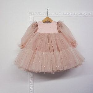 Birthday girl dress, blush pink tulle dress, princess baby, first birthday  photoshoot outfit, long sleeve pearl dre ss, Christmas clearance