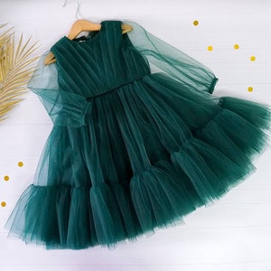 Christmas Girl Dress, Green Long Sleeve  Girl Tulle Dress, Christmas clearance, First Birthday Baby Princess Outfit, Tutu Photoshoot Dress