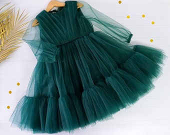 Christmas Girl Dress, Green Long Sleeve  Girl Tulle Dress, Christmas clearance, First Birthday Baby Princess Outfit, Tutu Photoshoot Dress