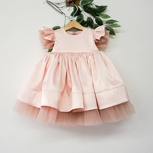 Peach pink baby dress, special occasion toddler dress for birthday party, tutu pageant princess, short sleeve dress, blush pink tulle dress