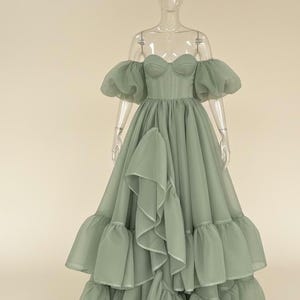 Sage Green Organza Dress with Puffy Sleeves, Fairytale Corset Gown for Prom, Whimsical Cottagecore Fantasy Ball Gown, Elven Photo Outfit image 2