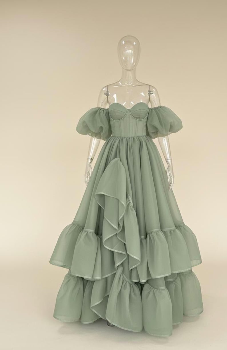 Sage Green Organza Dress with Puffy Sleeves, Fairytale Corset Gown for Prom, Whimsical Cottagecore Fantasy Ball Gown, Elven Photo Outfit image 2