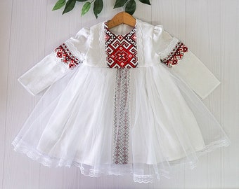 Ukrainian style baptism dress, linen long sleeve christening vyshyvanka baby dress, ukrainian present, traditional outfit
