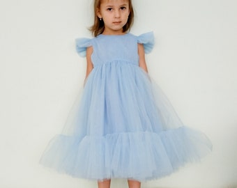 Robe de fille de fleur bleu poussiéreux, robe de tulle, princesse bébé fille, première robe de manche de papillon de séance photo d'anniversaire, liquidation de Noël