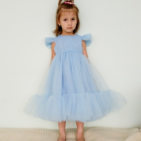 Dusty blue flower girl dress, tulle dress, princess baby girl, first birthday  photo shoot butterfly sleeve dress, Christmas clearance