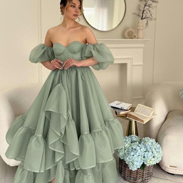 Sage Green Organza Dress with Puffy Sleeves, Fairytale Corset Gown for Prom, Whimsical Cottagecore Fantasy Ball Gown, Fantasy Photo Outfit