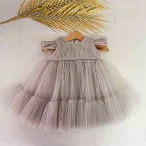 First birthday dusty gray flower girl dress, tulle dress, princess baby girl, photo shoot butterfly sleeve dress, Christmas clearance