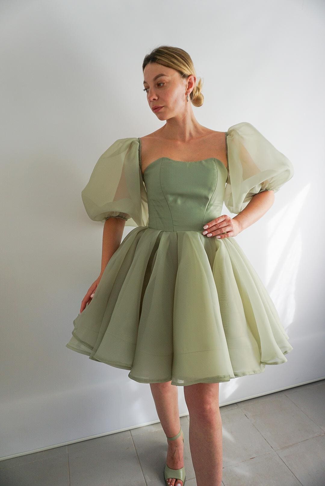 Sage Green Puffy Short Sleeve Dress - Etsy Sage Green Puffy Short Sleeve Dress - Etsy