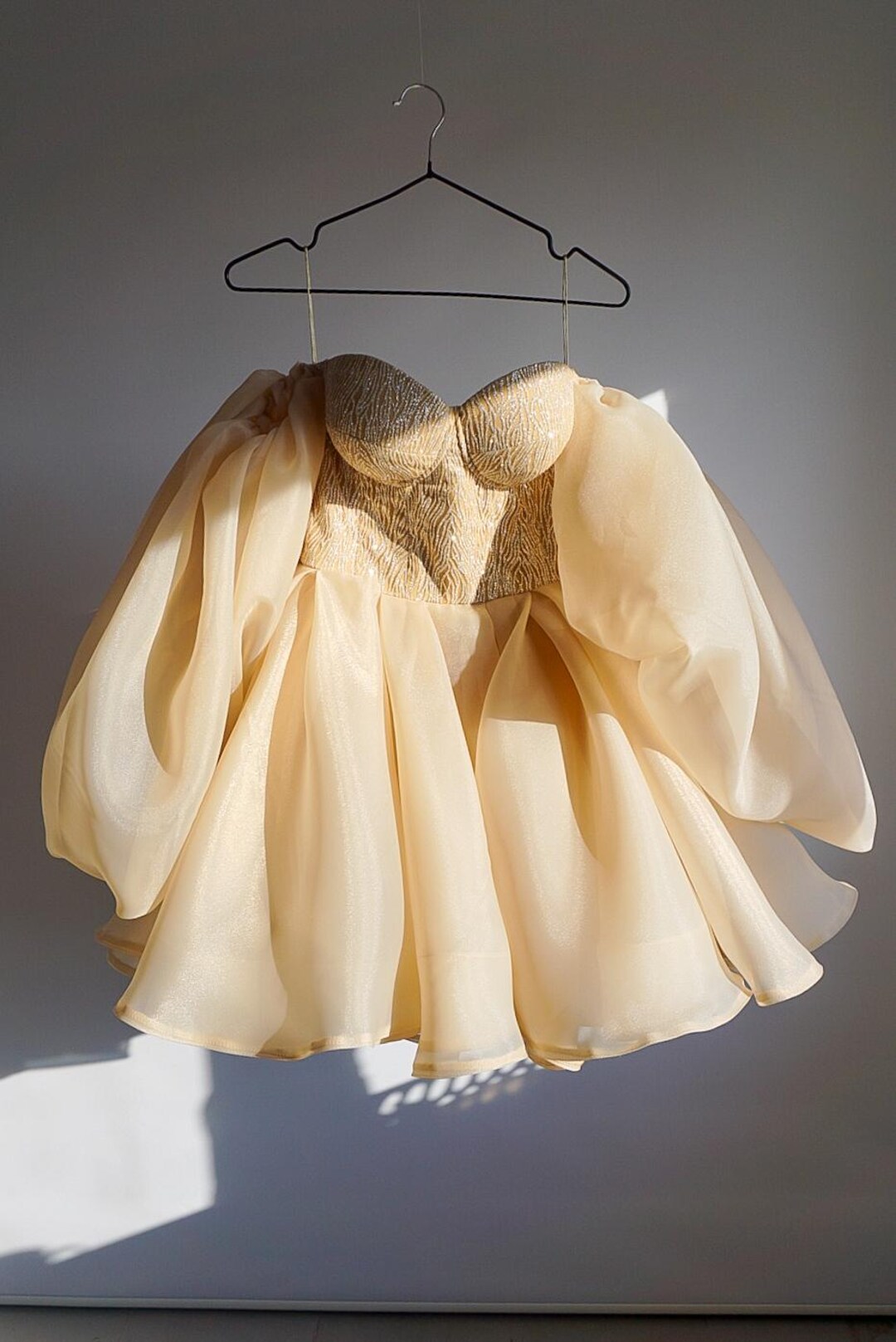 Gold glitter corset mini dress, woman fluffy organza dress, princess long sleeve dress with puffy skirt, chic photoshoot gown, shiny dress