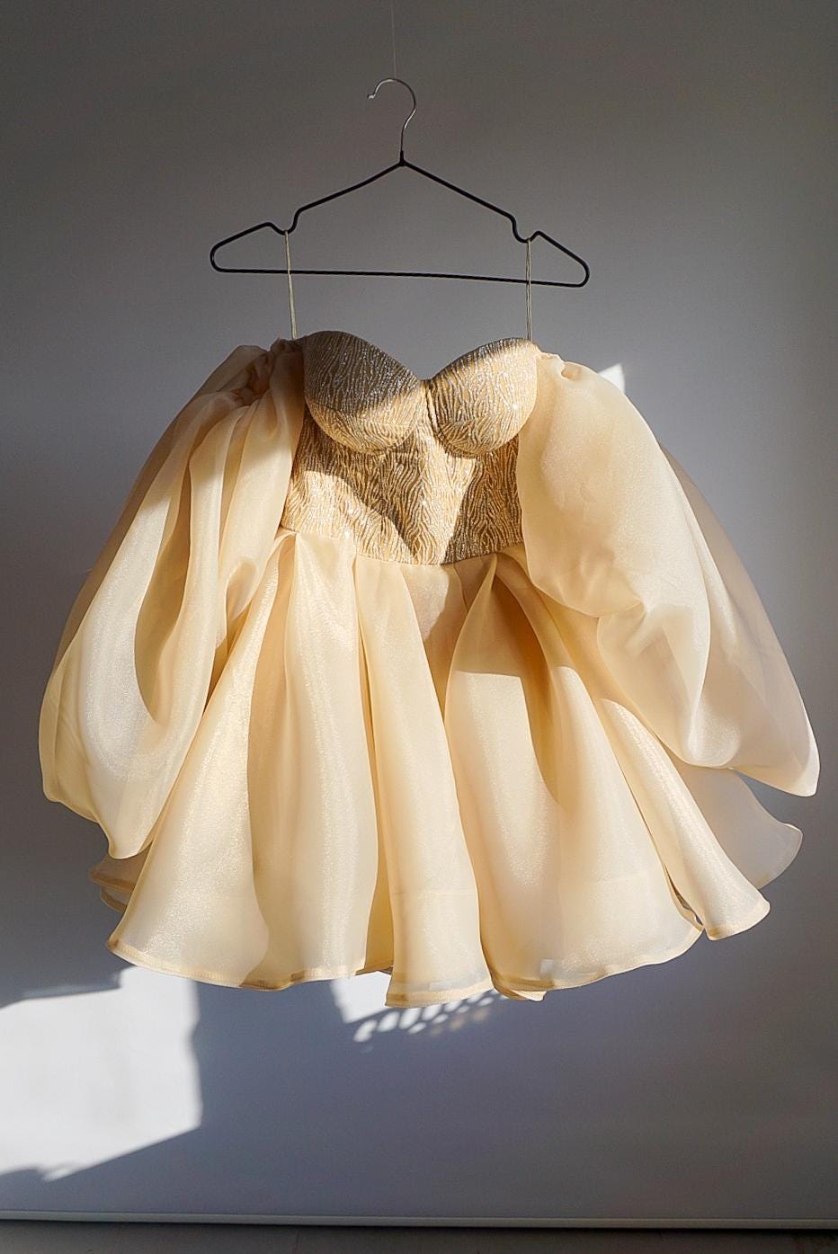 Gold Glitter Corset Mini Dress, Woman Fluffy Organza Dress, Princess Long Sleeve Dress with Puffy Skirt, Chic Photoshoot Gown, Shiny Dress