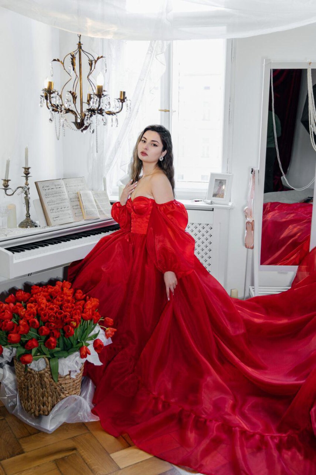 organza red dress Red Organza Dress, Boho Ruffle Gown, Maternity Photoshoot Dress, Woman  Bohemian Corset Dress, Long Chiffon Dress