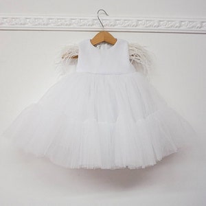 Little girl dress, white first birthday dress, tulle baby girl dress, long sleeve outfit, feathers dress, toddler dress, flower girl dress