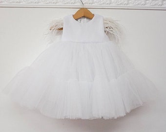 Little girl dress, white first birthday dress, tulle baby girl dress, long sleeve outfit, feathers dress, toddler dress, flower girl dress