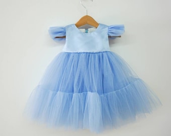 Robe Flower Girl, Robe en tulle bleu ciel, 1er anniversaire, manche papillon, mariage de petite fille, dégagement de Noël, séance photo