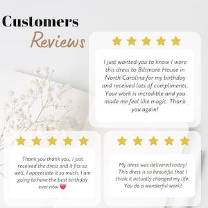 May include: A graphic display titled Customers Reviews featuring three white square cards with rounded corners. Each card shows five gold stars and text from customers praising a dress, with small white flowers visible in the background.