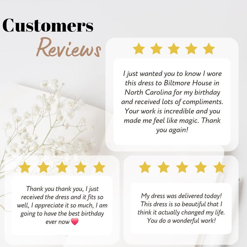 May include: A graphic display titled Customers Reviews featuring three white square cards with rounded corners. Each card shows five gold stars and text from customers praising a dress, with small white flowers visible in the background.