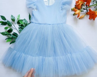 Robe Flower Girl, Robe en tulle bleu ciel, 1er anniversaire, manche papillon, mariage de petite fille, dégagement de Noël, séance photo