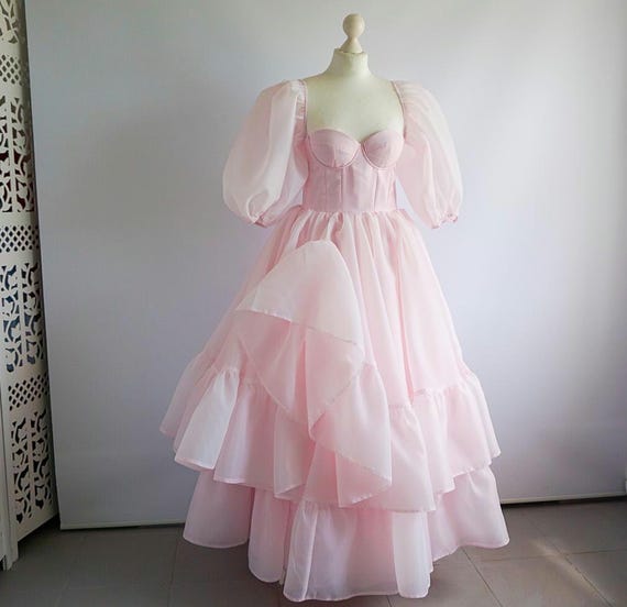 Light pink organza dress, boho ruffle gown, wedding dress, engagement, photoshoot dress, woman bohemian corset dress, long chiffon dress