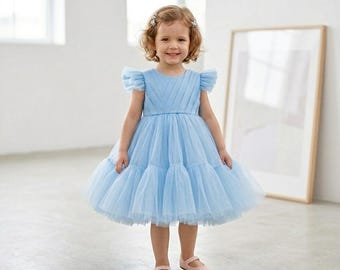 Dusty blue flower girl dress, tulle dress, princess baby girl, first birthday  photo shoot butterfly sleeve dress, Christmas clearance