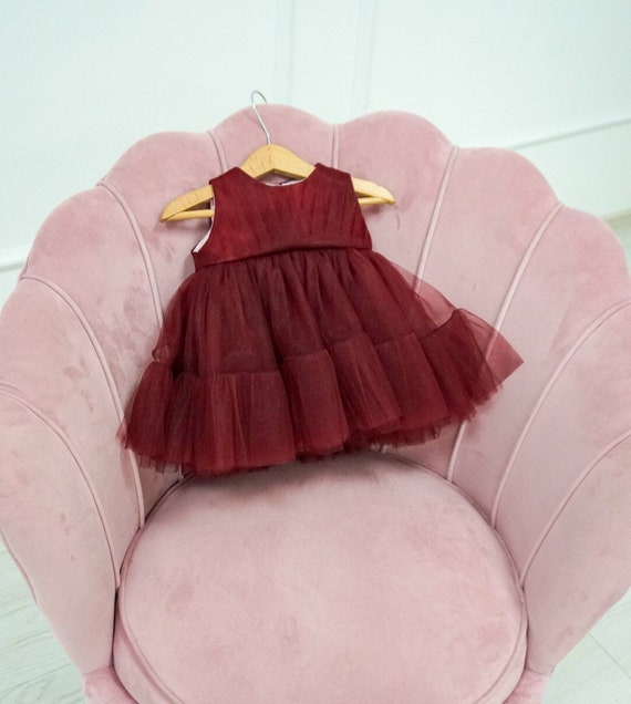 bebe burgundy dress Baby Solange Dress Set in Burgundy Tulle 6-9M