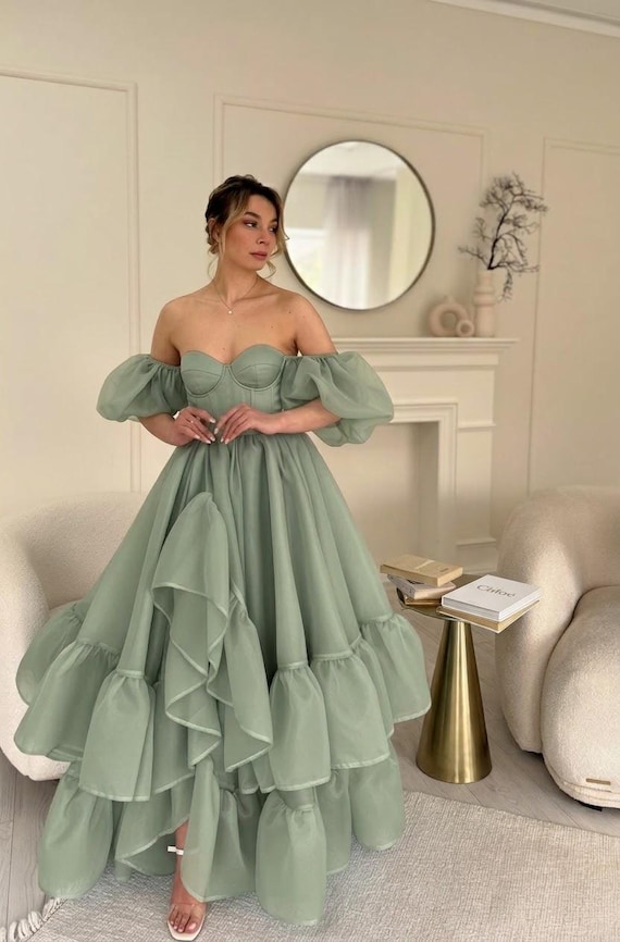 Sage Green Organza Dress with Puffy Sleeves, Fairytale Corset Gown for Prom, Whimsical Cottagecore Fantasy Ball Gown, Elven Photo Outfit