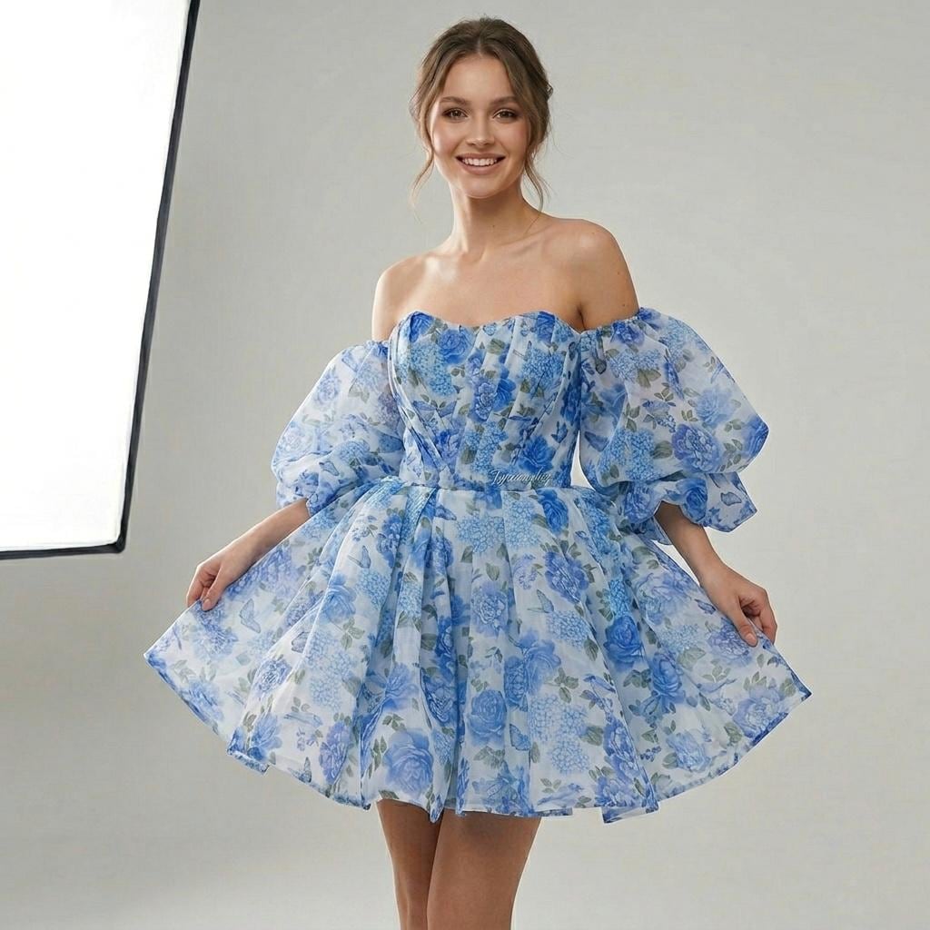 blue floral organza dress Milla Women's Charming Blue Hydrangea-Patterned Organza Midi Dress