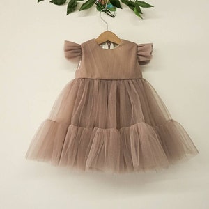 Baby Girl 1st Birthday Tulle Dress, Short Sleeve Mokka Flower Girl Dress, First Birthday Baby Princess Outfit, Tutu Dress, dusk beige