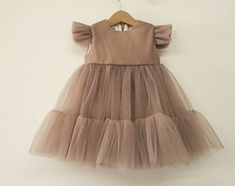 Baby Girl 1 ° compleanno abito in tulle, manica corta Mokka Flower Girl Dress, primo compleanno Baby Princess Outfit, Tutu Dress, crepuscolo beige