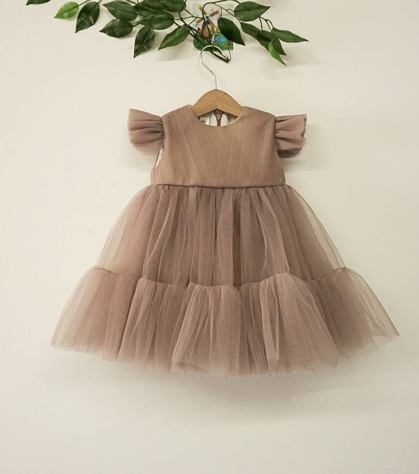 Baby Girl 1st Birthday Tulle Dress Short Sleeve Mokka Flower - Etsy