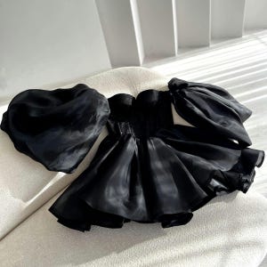 Black glitter corset mini dress, woman fluffy organza dress, princess long sleeve dress with puffy skirt, chic photoshoot gown, shiny dress