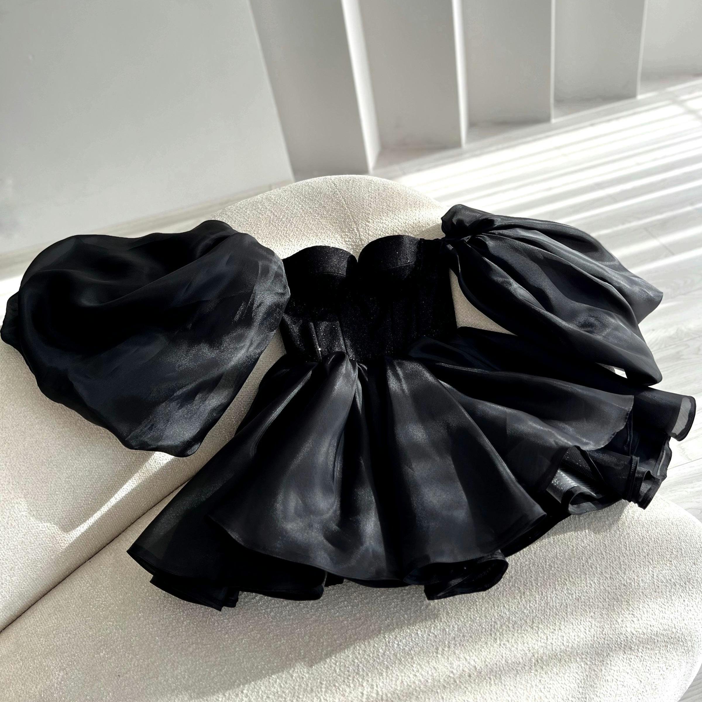 black corset tutu dress Black Corset Mini Dress Structured Strapless Satin Dress with Sheer Asya Kolarova