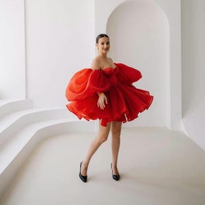 corset dress with puffy bottom Red corset mini dress, woman fluffy organza dress, princess long sleeve dress with puffy skirt, chic photoshoot gown, bridal dress, prom