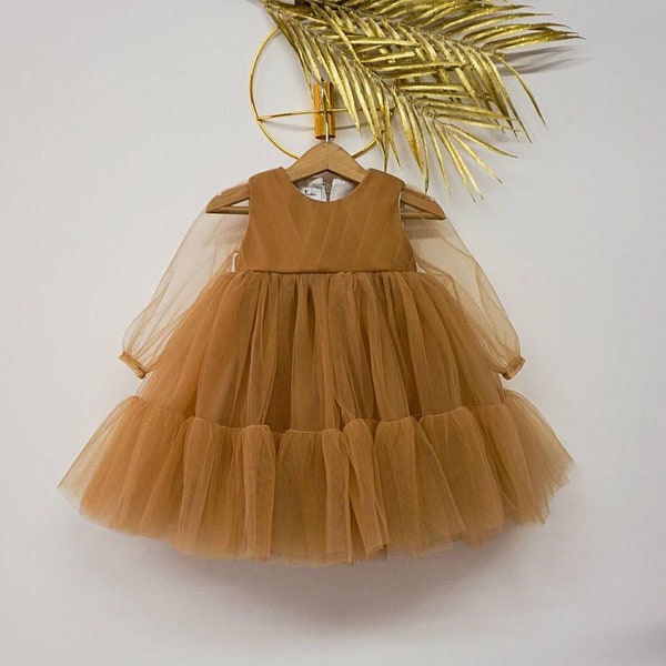 Baby Girl 1st Birthday Tulle Dress, Long Sleeve dark beige Flower Girl Dress,Christmas clearance, First Birthday Baby Princess Outfit, Tutu