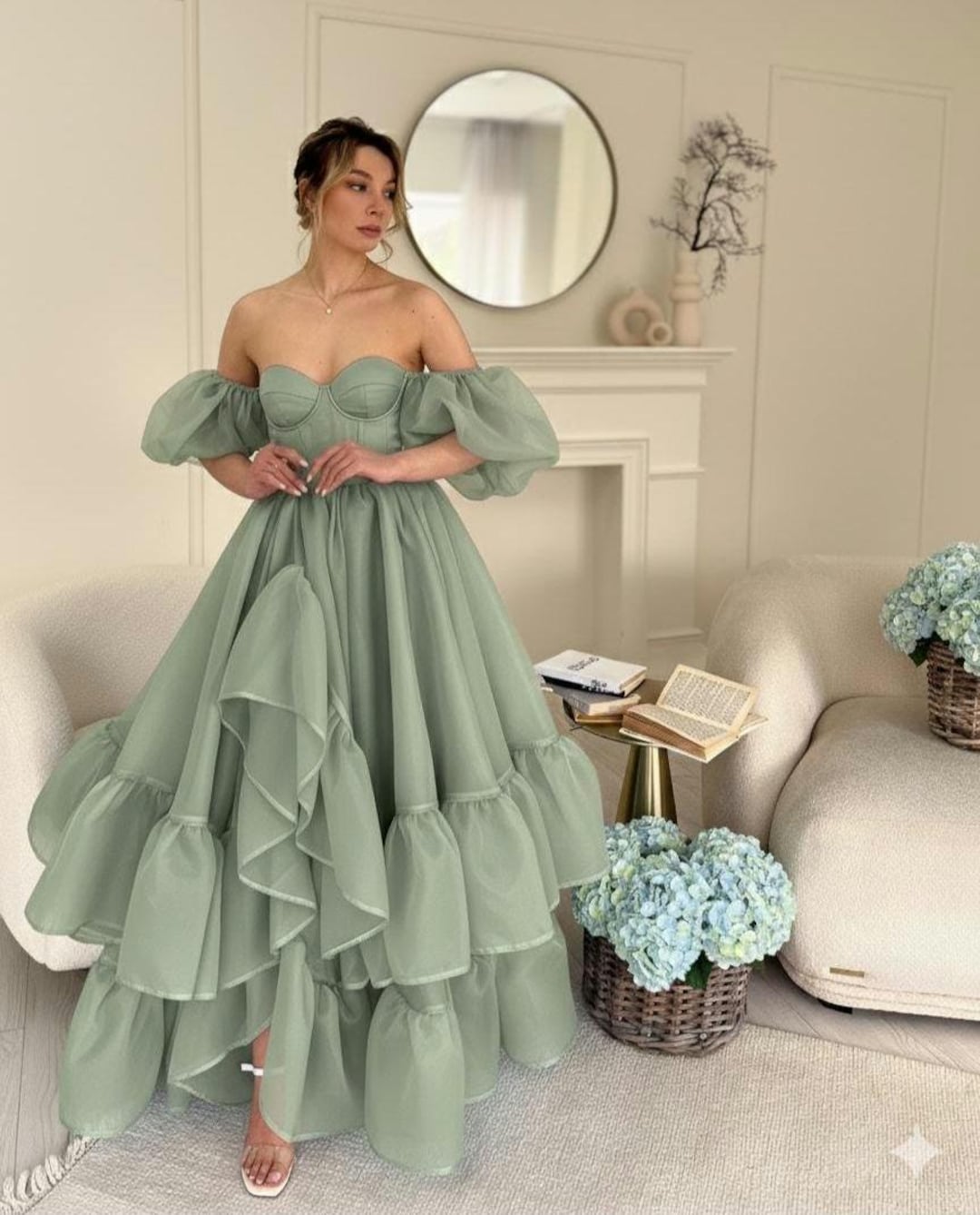 green emerald velvet dress Puffy Long Sleeves Sage Green A-line Homecoming Dress – Ohmollydress