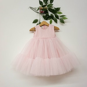 Light pink flower girl dress, tulle girl dress, princess baby girl, first birthday, photo shoot toddler dress, Christmas clearance