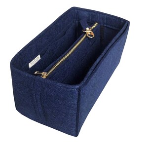 Organizer for [Graceful PM MM] (Style B), Tote Felt Purse Insert (w/ Detachable Zipper Bag), Laptop iPad Pocket, Zip Metal Gold Makeup Navy Blue