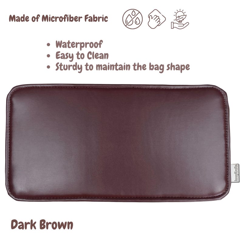 May include: A dark brown rectangular bag insert made of microfiber fabric. The image highlights the product's features: waterproof, easy to clean, and sturdy to maintain the bag shape. The text at the top says "Made of Microfiber Fabric".