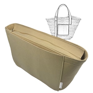 May include: A beige felt bag organizer with a gold zipper, designed to fit inside a tote bag. The organizer has multiple compartments and a rectangular shape. A sketch of a straw tote bag is in the background.