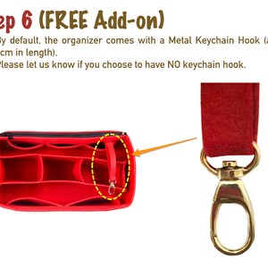 Puede incluir: Organizador de bolso de fieltro rojo con m&uacute;ltiples compartimentos y un gancho para llavero de metal. El gancho mide 8 cm de largo. Paso 6 (GRATIS).