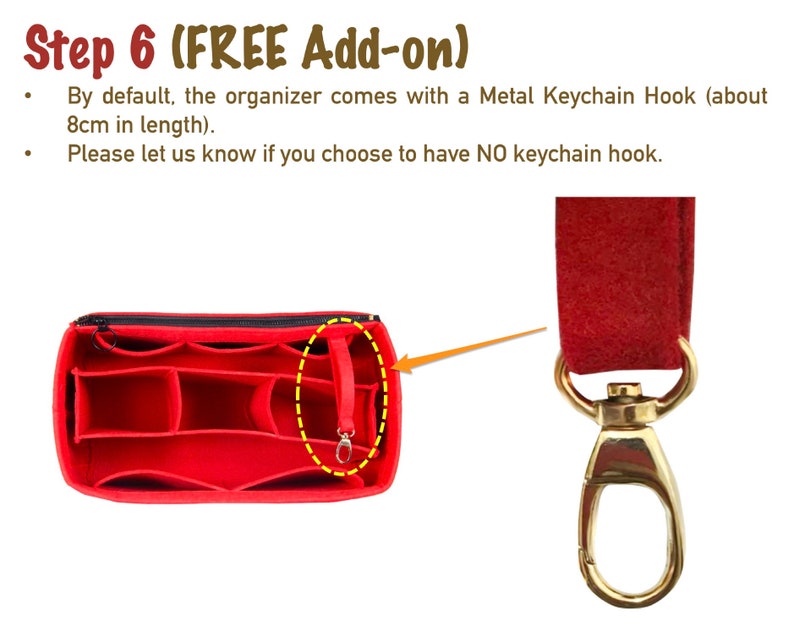 Puede incluir: Organizador de bolso de fieltro rojo con m&uacute;ltiples compartimentos y un gancho para llavero de metal. El gancho mide 8 cm de largo. Paso 6 (GRATIS).