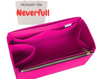 For [Neverfull Bag, GM MM PM Bb] Tote Insert Organizer, Large Medium Small Mini L M S, Felt Liner (w/ Single Zip and Water Bottle Holder)