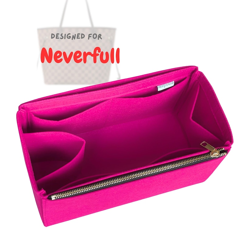 For [Neverfull Bag, GM MM PM Bb] Tote Insert Organizer, Large Medium Small Mini L M S, Felt Liner (w/ Single Zip and Water Bottle Holder)
