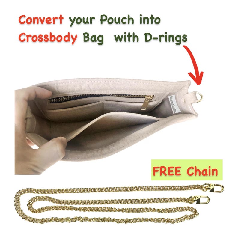 May include: Beige pouch with a zip and internal pockets, designed to convert into a crossbody bag. Includes a gold-coloured chain strap with clasps. Text on the image reads: "Convert your Pouch into Crossbody Bag with D-rings" and "FREE Chain".