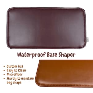 May include: A rectangular, waterproof base shaper in a deep burgundy colour. The image also shows a close-up of a brown base shaper. Text on the image reads: Waterproof Base Shaper, Custom Size, Easy to Clean, Microfibre, and Sturdy to maintain bag shape.