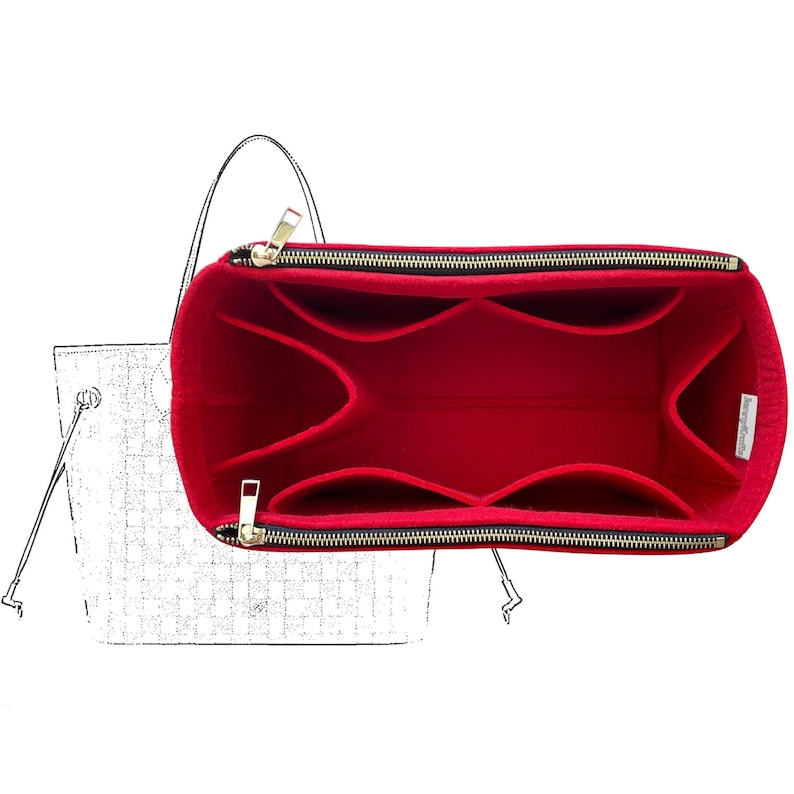 May include: A bright red felt handbag organiser insert featuring multiple interior compartments and two gold-toned metal zips along the top edges. A white fabric tag is attached to the side. A faint white line drawing of a tote bag is visible.