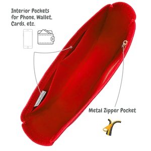 May include: A bright red felt bag organizer with interior pockets for phone, wallet, and cards. It features a metal zipper pocket and is designed to keep items organized. The text on the image reads "Interior Pockets for Phone, Wallet, Cards, etc." and "Metal Zipper Pocket."