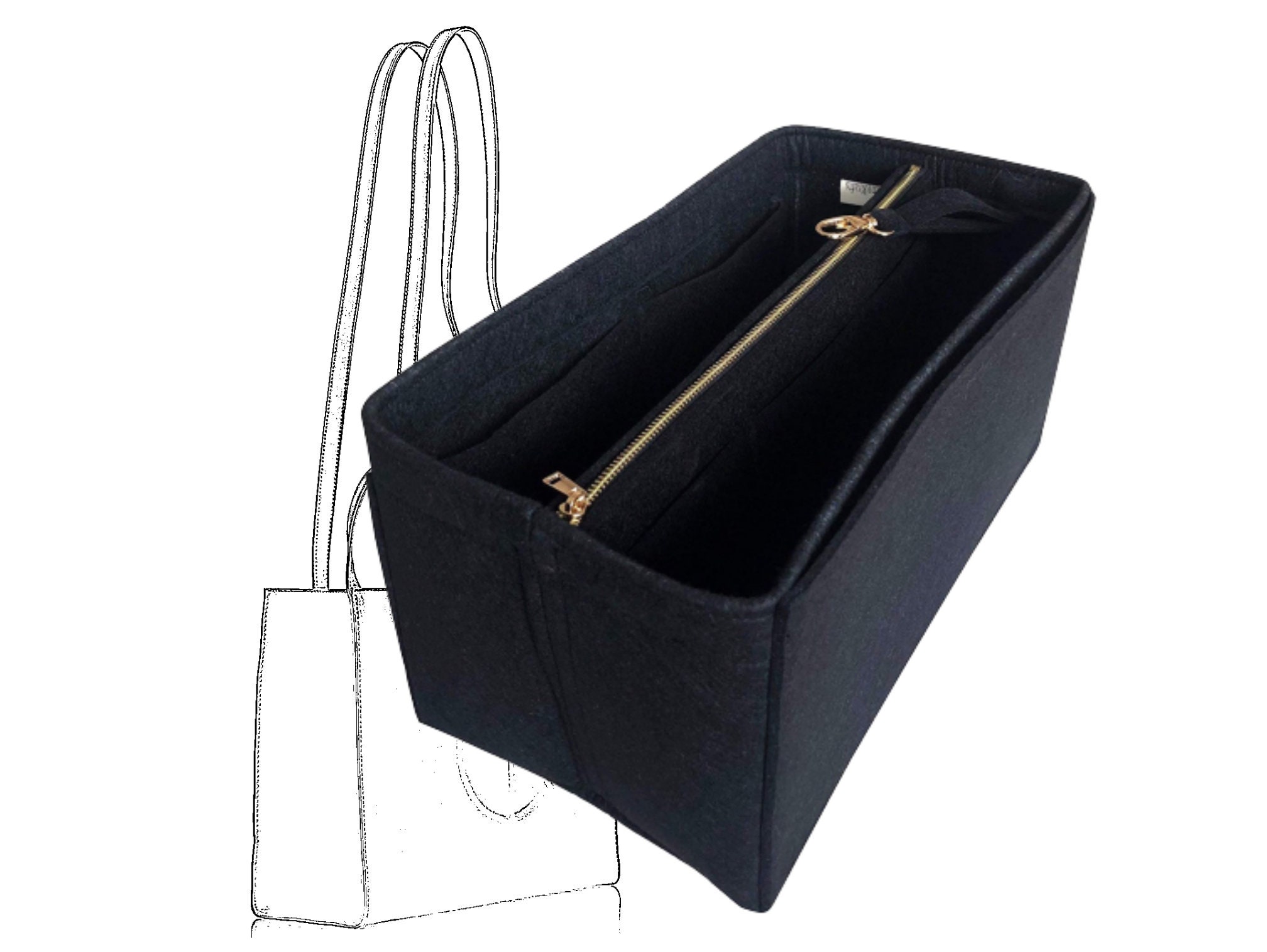 [Graceful mm PM] Felt Tote Bag Organizer, Purse Insert (3mm Felt, Detachable Pouch w/ Metal Zip)